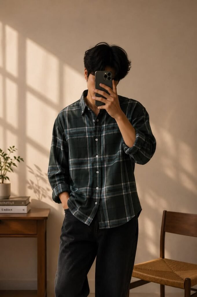 Dark green plaid shirt with black jeans is giving…